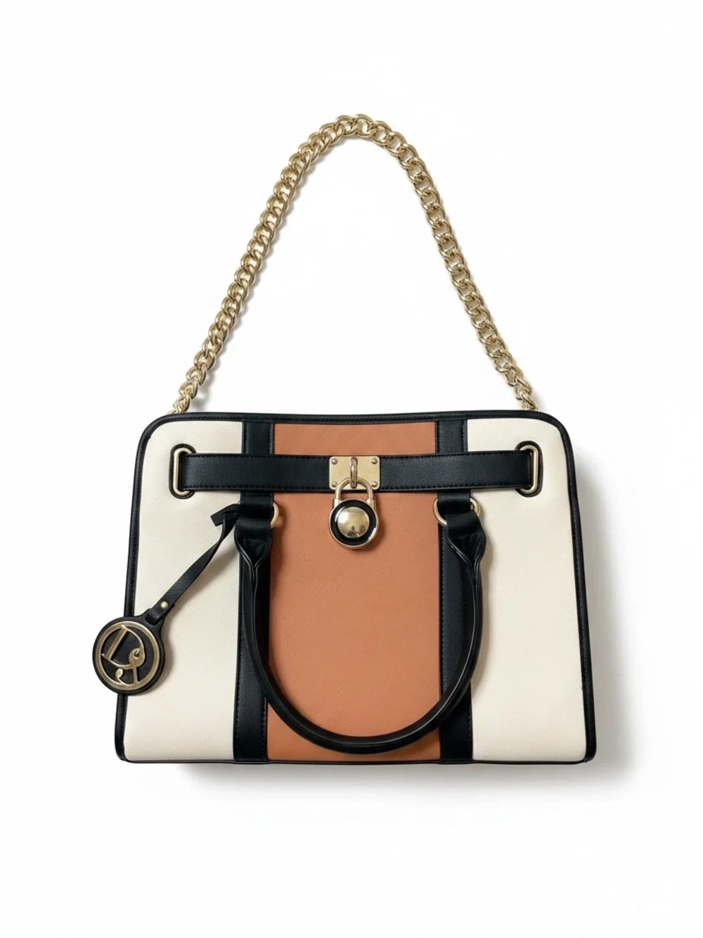 Dasein 3 tone design Black, Cream & Tan Satchel metal lock, footed NWOT